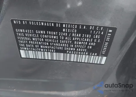 2015 Volkswagen Jetta 1.8T Se из США, поврежденный, VIN 3VWD17AJ7FM251082